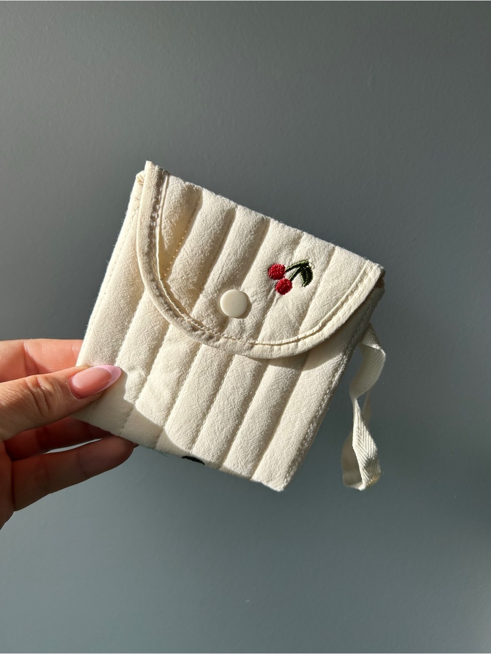 NEW Cream Quilted Cherry Embroidered Mini Pouch